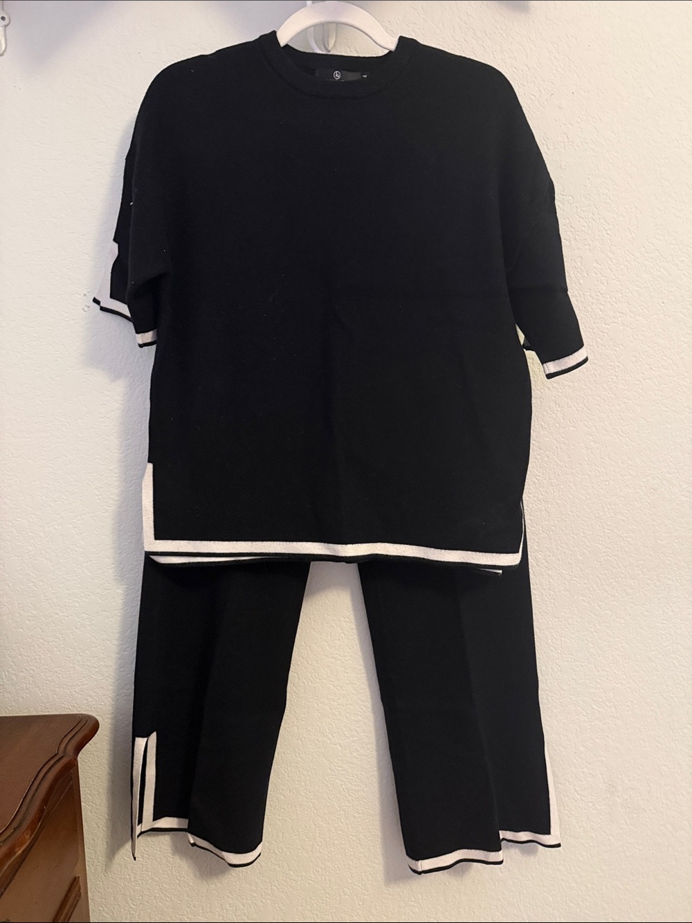 Women's Black Knit Two-Piece Set with White Trim